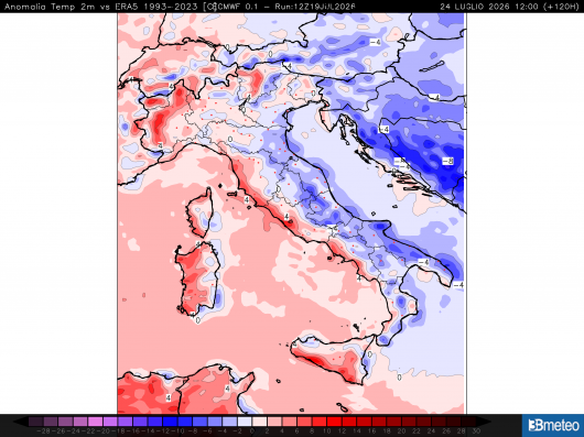 Anomalie di temperature a 2m previste per venerdì 24 luglio