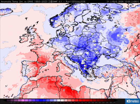 Anomalie di temperature a 2m previste per venerdì pomeriggio 