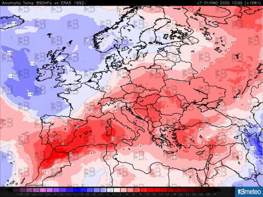 Anomalie di temperature a 850 hPa per sabato 7 giugno