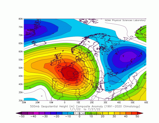 anomalie geopotenziale a 500 hPa fonte Noaa gennaio-luglio 2022