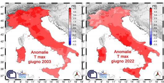 Anomalie nei valori massimi , confronto tra giugno 2003 e giugno 2022