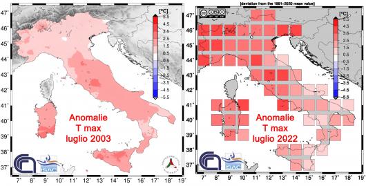 Anomalie nei valori massimi , confronto tra luglio 2003 e luglio 2022
