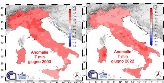 Anomalie nei valori minimi, confronto tra giugno 2003 e giugno 2022