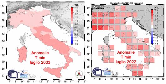 Anomalie nei valori minimi, confronto tra luglio 2003 e luglio 2022