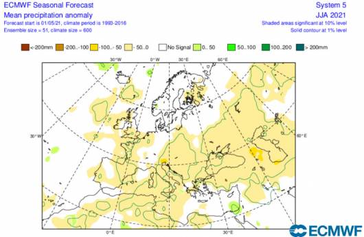 anomalie precipitazioni per il trimestre giugno-agosto secondo Ecmwf