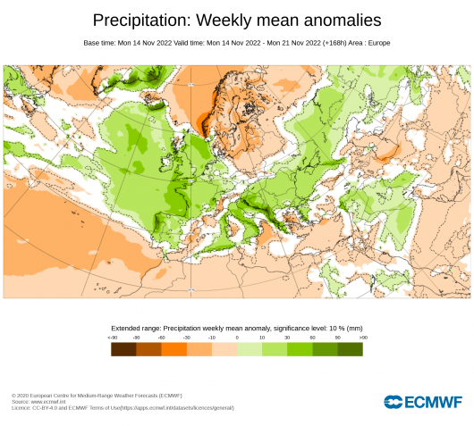 anomalie precipitazioni secondo Ecmwf