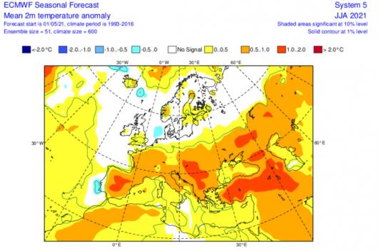 anomalie temperature a 2m per il trimestre giugno-agosto secondo Ecmwf