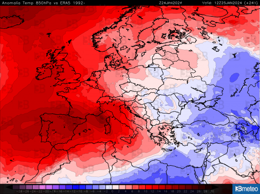 Anomalie temperature a 850hPa giovedì pomeriggio