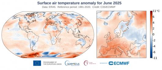 Anomalie temperature dell'aria, giugno 2025 (Fonte Copernicus)