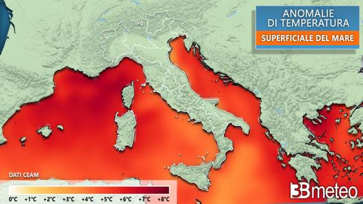 Anomalie temperature della superficie del mare rispetto alla media trentennale 1982-2011