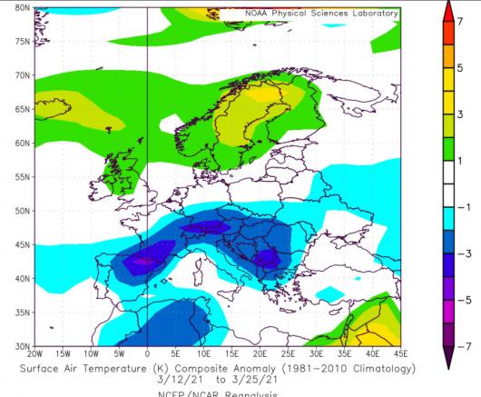anomalie temperature durante la fase fredda in marzo
