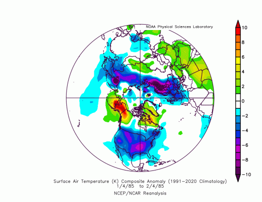 anomalie temperature in superficie dopo l'evento di stratwarming del 1984