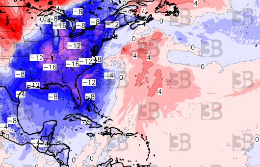 Anomalie termiche al suolo previste per il 1° febbraio. Si notano picchi di 16/18°C inferiori alle medie nel cuore degli USA, localmente oltre