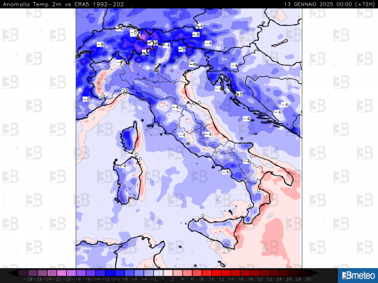 Anomalie termiche al suolo previste per lunedì