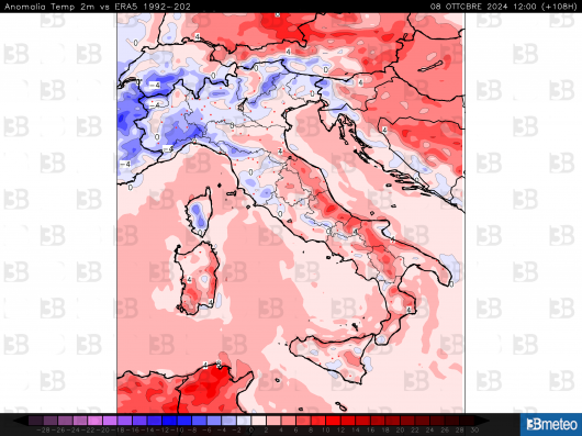 Anomalie termiche al suolo previste per martedì 8 ottobre
