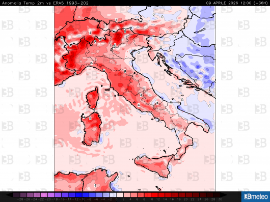 Anomalie termiche al suolo previsto per giovedì pomeriggio