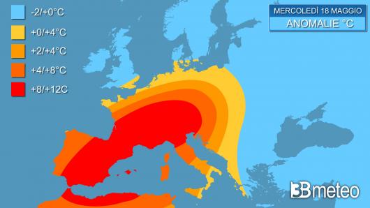 Anomalie termiche di mercoledì 18 maggio