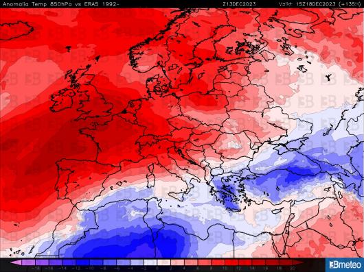Anomalie termiche previste per il 18 dicembre a 850hPa