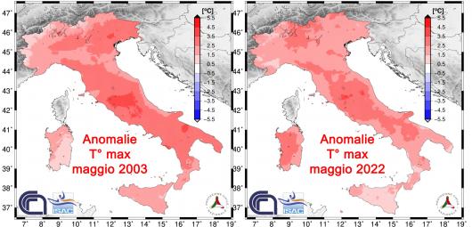 Anomalie termiche sui valori massimi nel maggio 2003 e nel maggio 2022