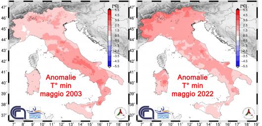 Anomalie termiche sui valori minimi nel maggio 2003 e nel maggio 2022