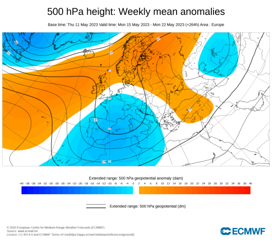 Anonalia di geopotenziale a 500 hPa prevista settimana 15-22 Maggio (fonte ECMWF)