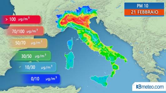 Concentrazione di PM10 prevista per giovedì 21 febbraio