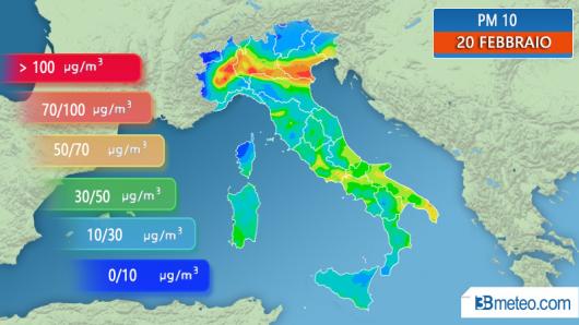 Concentrazione di PM10 prevista per mercoledì 20 febbraio
