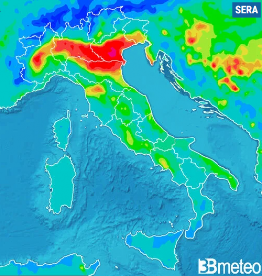 Concentrazione PM10 prevista per giovedì sera