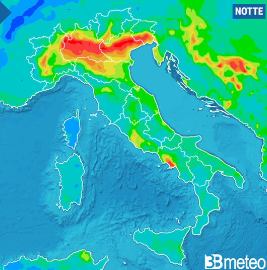Concentrazione PM10 prevista per la notte tra sabato e domenica