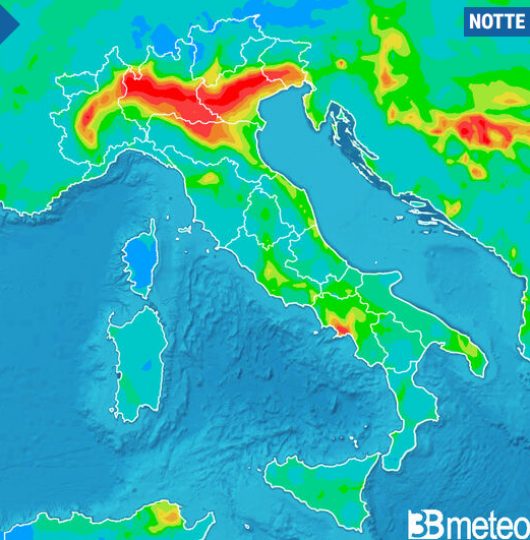 Concentrazione PM10 prevista per la notte tra venerdì e sabato