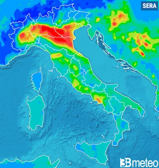 Concentrazione PM10 prevista per mercoledì sera