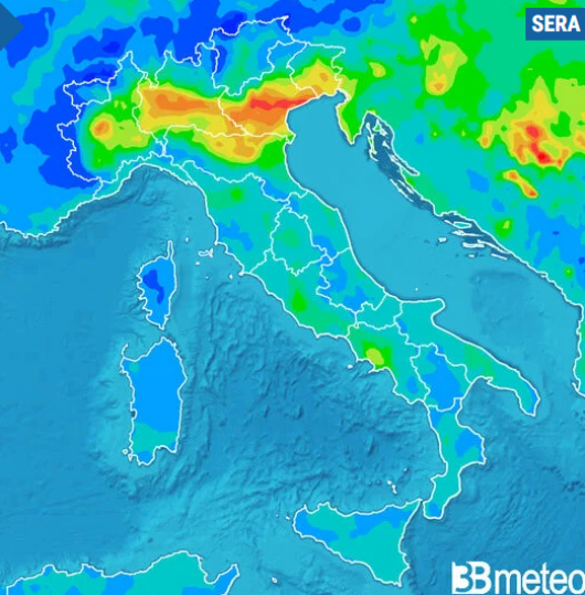 Concentrazione PM10 prevista per mercoledì sera