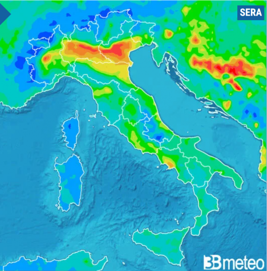 Concentrazione PM10 prevista per sabato sera