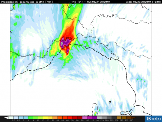 Cumulate complessive in mm riferite alla notte e primo mattino sulla Liguria. Elaborazione 3bmeteo.com