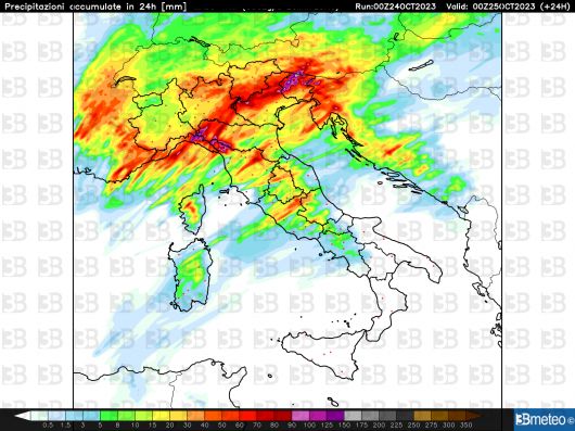 Cumulo precipitazioni in 24 ore fino alla mezzanotte di oggi
