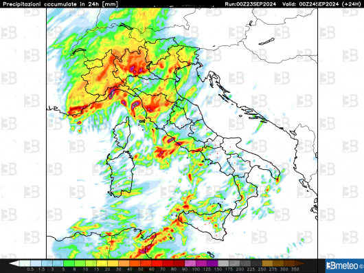 Cumulo precipitazioni in 24 ore fino alla mezzanotte di oggi