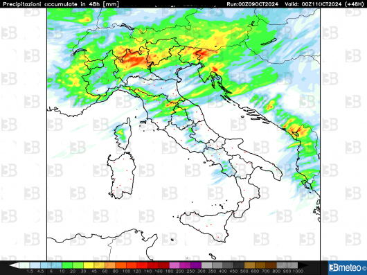 Cumulo precipitazioni previste fino a giovedì sera