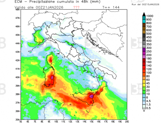 Cumulo precipitazioni previsto tra lunedì e martedì