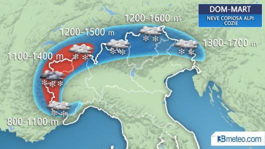 Dettaglio nevicate Alpi tra domenica e martedì