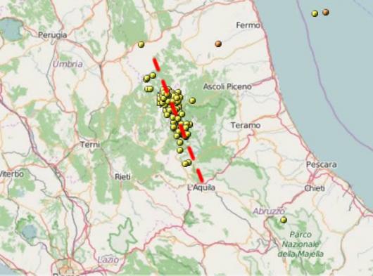 Distribuzione degli epicentri e andamento della Faglia capace