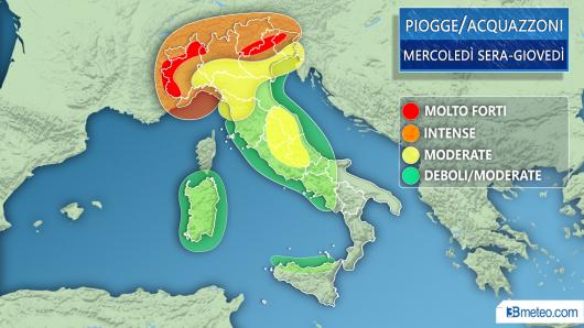 Distribuzione e intensità piogge prossime ore
