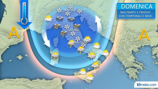 Domenica di maltempo al Centro Nord con temporali, grandine e neve a bassa quota
