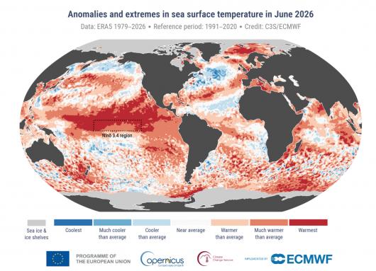 Anomalie ed estremi della temperatura superficiale del mare per giugno 2026. Fonte dati: ERA5. Crediti: C3S/ECMWF.