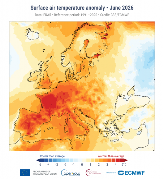 Anomalia della temperatura dell'aria superficiale per giugno 2026 rispetto alla media di giugno per il periodo 1991-2020. Fonte dati: ERA5. Crediti: C3S/ECMWF.