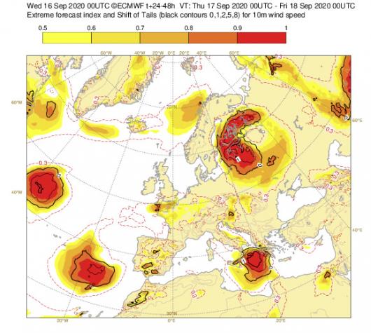 EFI by ecmwf, vento massimo