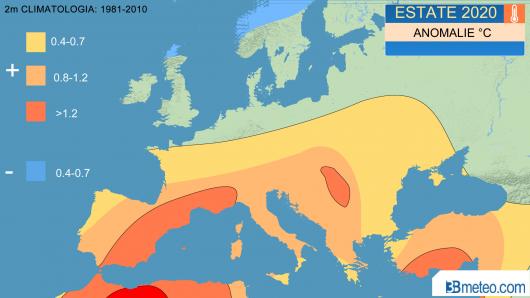 estate 2020: anomalie temperature attese a 2m