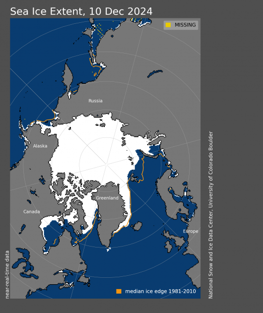 Estensione media del ghiaccio artico al 10 dicembre (dato NSIDC)