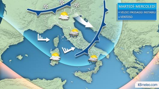 Evoluzione meteo martedì e mercoledì