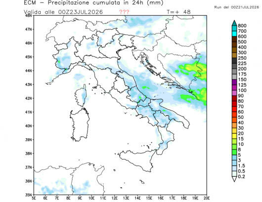 Fenomeni attesi mercoledì dal modello ECMWF