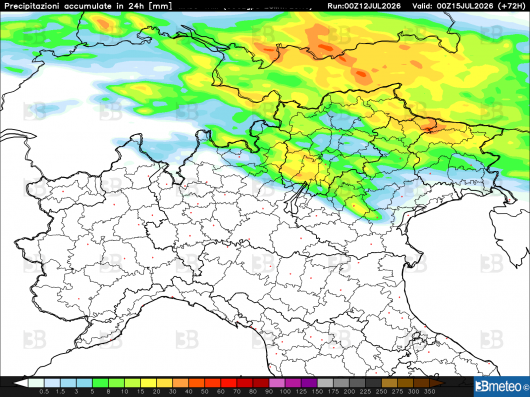Fenomeni previsti dal modello ad alta risoluzione di 3bmeteo per martedì